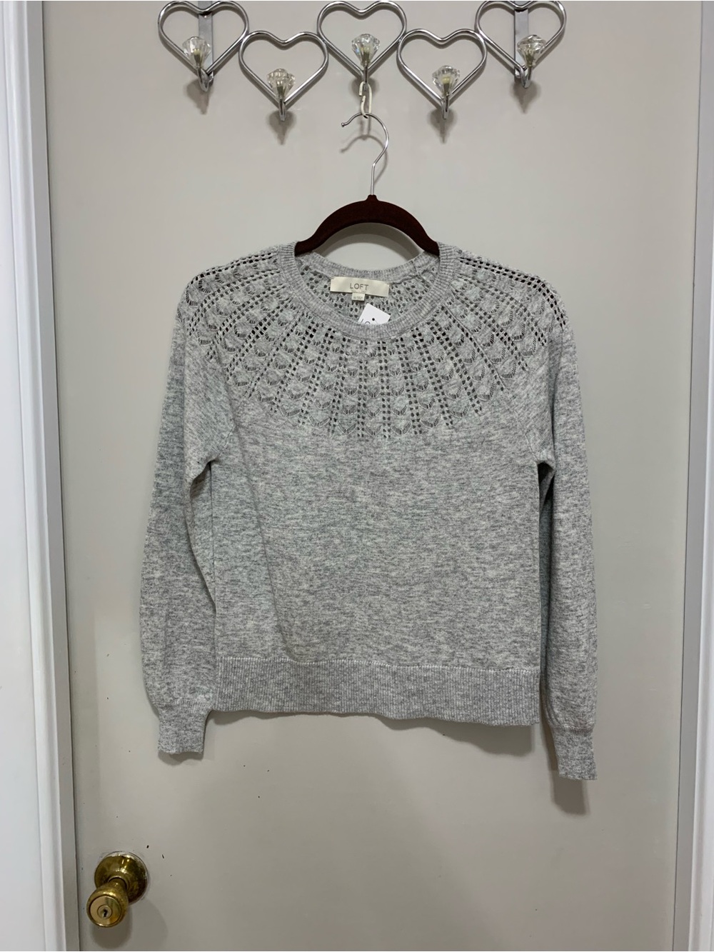LOFT Light Gray Open-Knit Yoke Crewneck Sweater